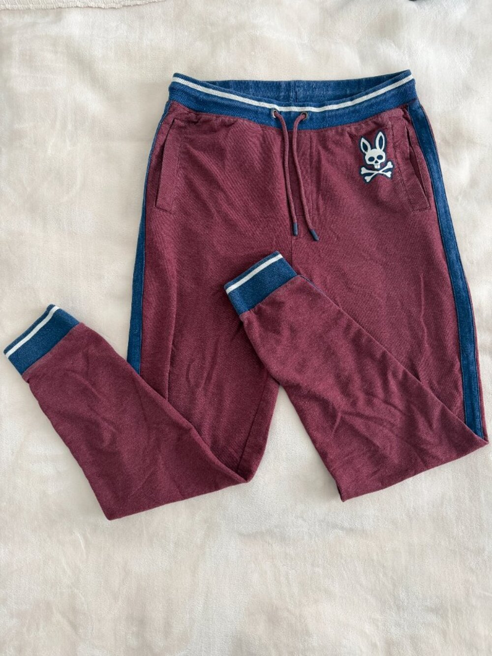 Psycho Bunny Mens M Burgundy Joggers Sweatpants Blue Stripe Skull Logo Maroon